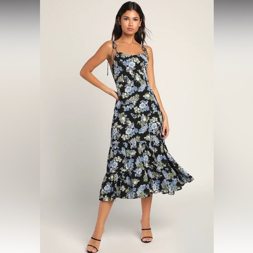 Black Floral Print Tie-Strap Tiered Dress